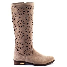 Olivier Durchbrochene Damenstiefel mit Blumen, dunkelbeige