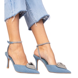 Blaue High Heels mit offenem Absatz, verziert mit Zirkonen