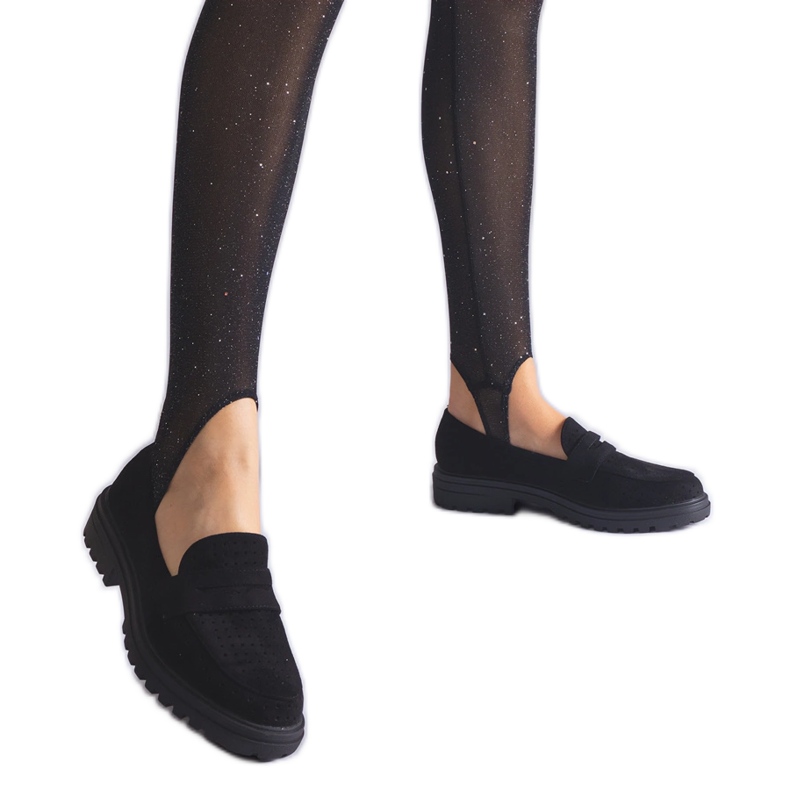 Schwarze, durchbrochene Slipper aus Öko-Wildleder