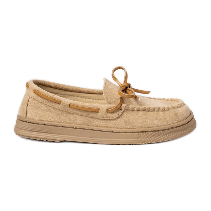 Frauen -Beige Wildleder -Slipper mit einem Bogen