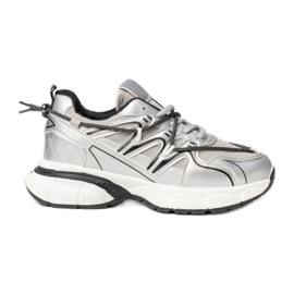 Silberne Sneaker von Frauen auf der Plattform silber-