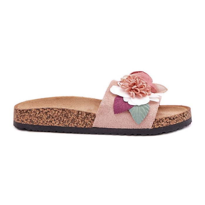 Frauenflip flops mit Blumen auf einer Korkplattform rosa