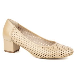 Exquisite Openwork Lederpumpen auf einer stabilen Ferse 1622ex Beige