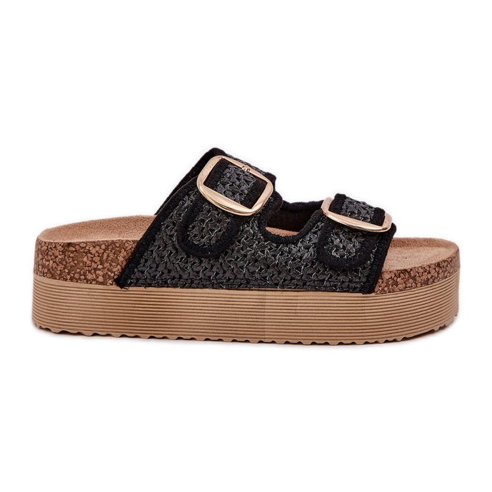 Hausschuhe mit Geflecht und Schnallen auf der massiven Plattform schwarz