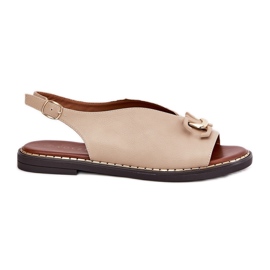 Flach -gekräuselte Sandalen mit einem Ornament aus Öko -Leder beige