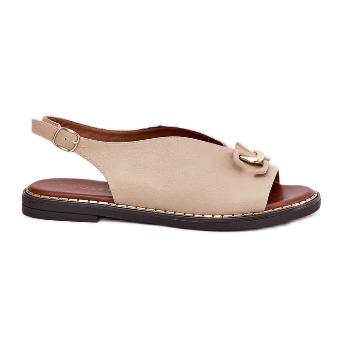 Flach -gekräuselte Sandalen mit einem Ornament aus Öko -Leder beige