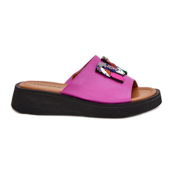 Vinceza Damenlederflip flops mit einem Ornament von Fuchsia rosa