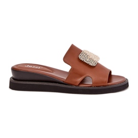 Jezzi Damenflip Flops auf Anchoic Lederkeil mit Dekoration braun