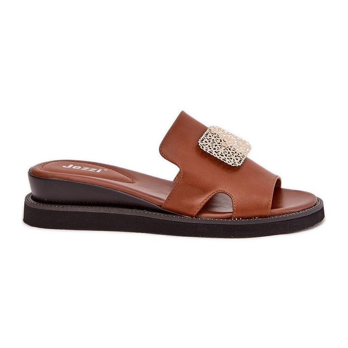 Jezzi Damenflip Flops auf Anchoic Lederkeil mit Dekoration braun