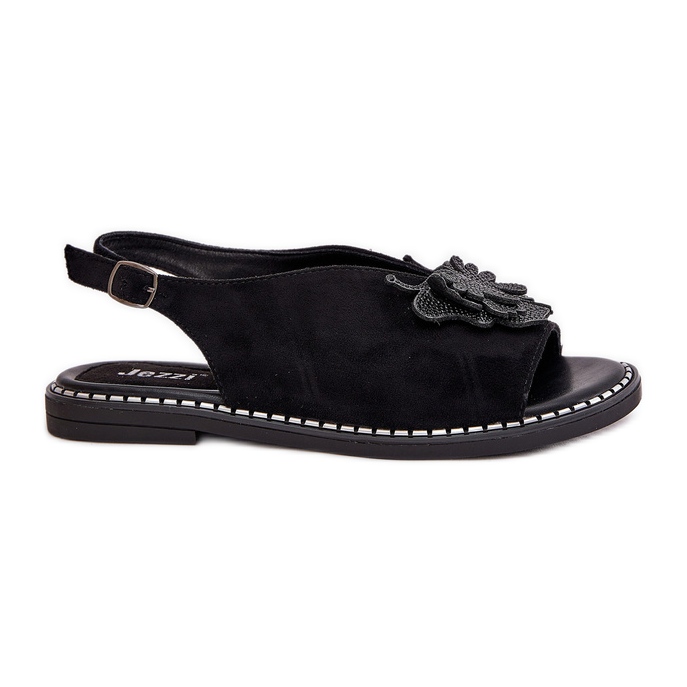 Jezzi Flach -geköpfte Frauensandalen mit einer schwarzen Dekoration