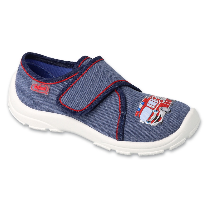 Befado Kinderhausschuhe 974X519 Feuerwehrauto-Applikation blau