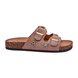Damenflip Flops auf einer Korksohle mit Khaki -Schnallen und Stiften beige