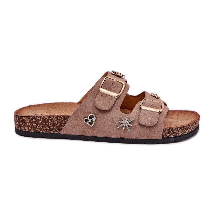 Damenflip Flops auf einer Korksohle mit Khaki -Schnallen und Stiften beige