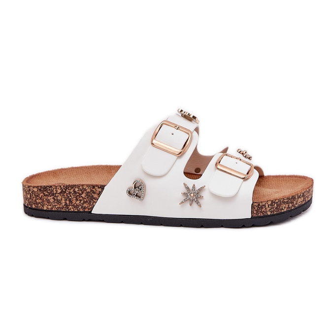 Damenflip flops auf einer Korksohle mit Schnallen und Stiften weiß