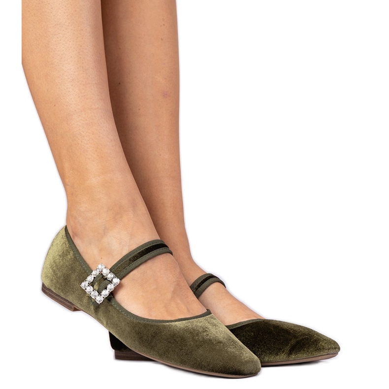 Grüne Frauen Velor Ballerinas mit einer Schnalle