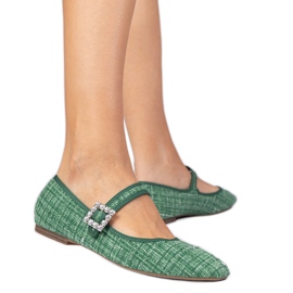 Grüne Frauen -Ballerinas mit Schnalle und Kristallen
