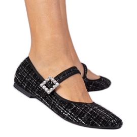 Schwarze Frauen -Ballerinas mit Schnalle und Kristallen