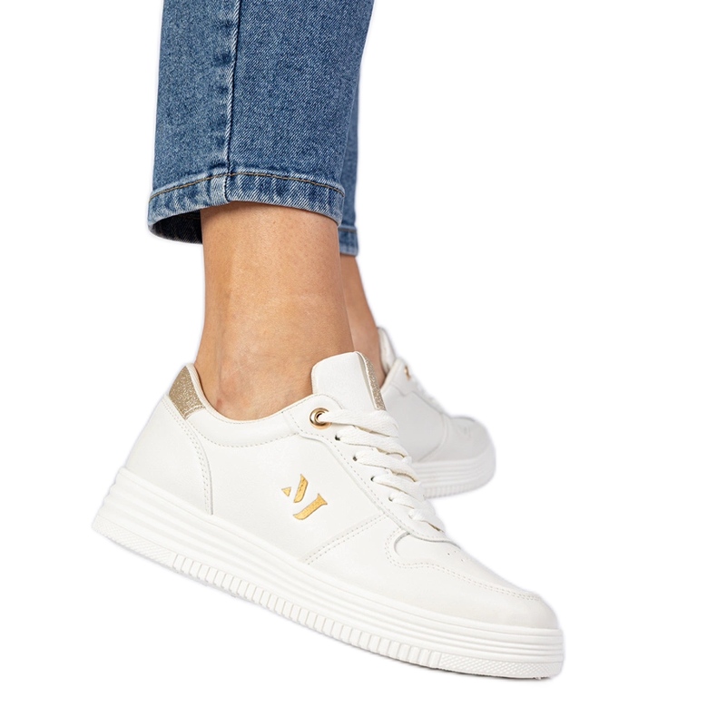 Beige Frauen -Sneakers mit goldenem Brokat