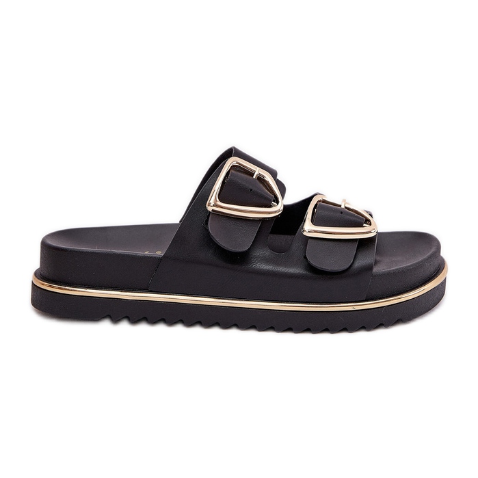 Damenflip flops auf der Plattform mit goldenen Klemmen schwarz