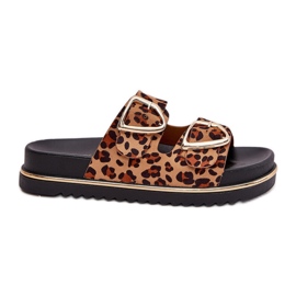 Damenschuhe mit Leopardendruck auf der Plattform mit goldenen Klemmen braun