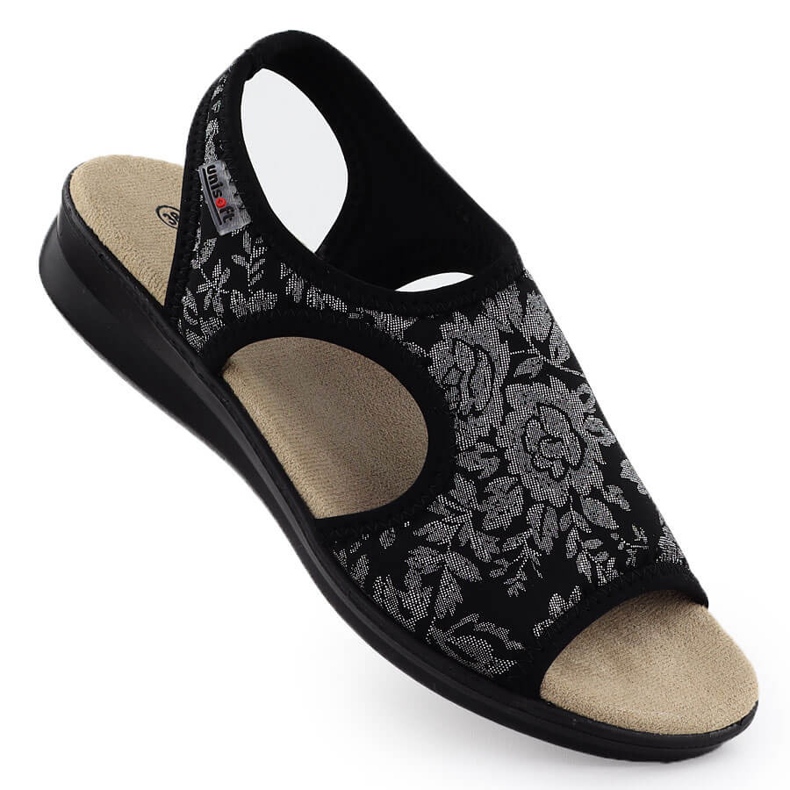 Frauensandalen auf einem Ausschlag flexibel mit Blumen schwarz unisoft 7196