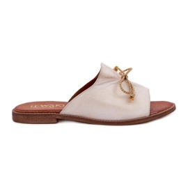 Leder flach elegante Flip Flops mit einem Bogen Lewski 3572 Zloty Wischt golden