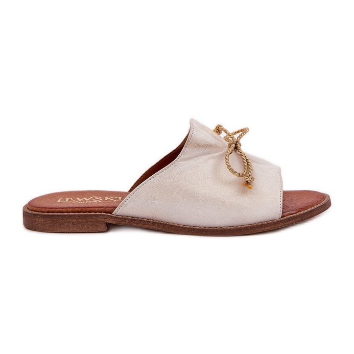 Leder flach elegante Flip Flops mit einem Bogen Lewski 3572 Zloty Wischt golden