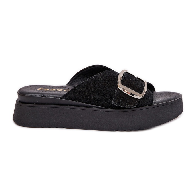 Women's Suede Flip Flops mit einer Schnalle auf der Zazoo 3019 -Plattform schwarz