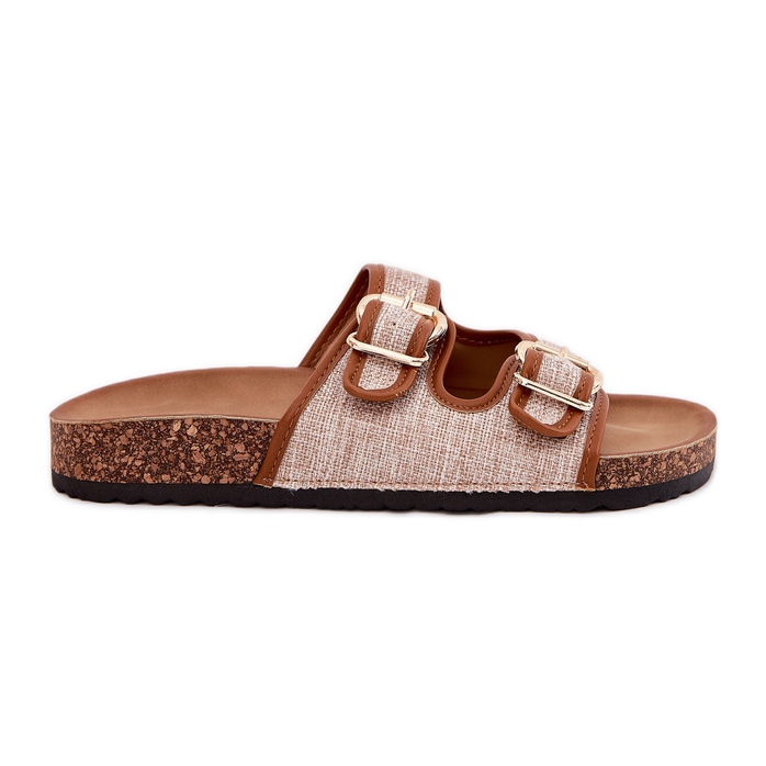 Das Material für Frauen, Flip flops auf einer Korkenplattform mit Kamelschnallen braun