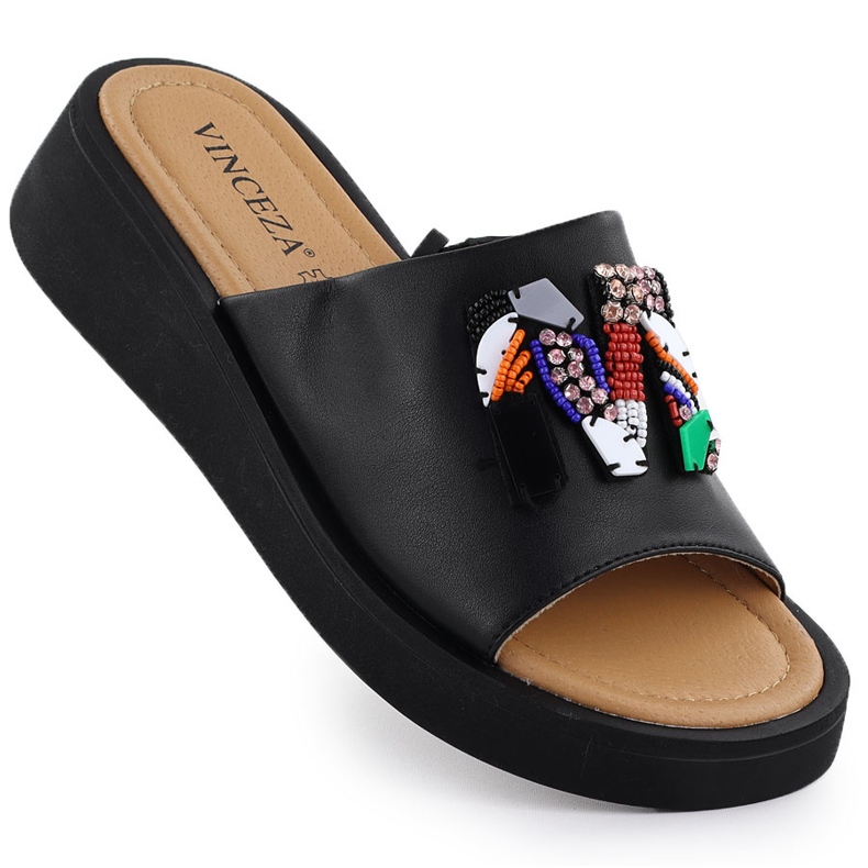 Frauen Lederflip Flops mit schwarzem Vinceza 66623 Perlen