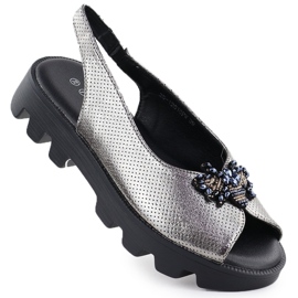 Potocki Frauensandalen auf der Plattform perforiert metallische Silbertocki SZ12610