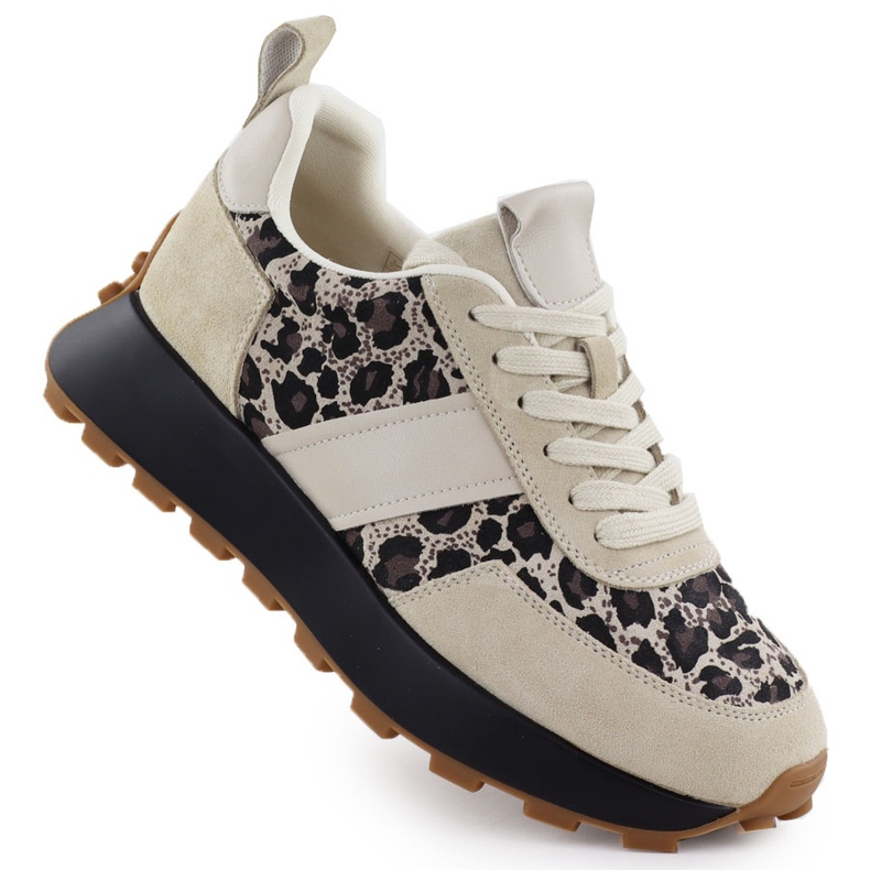 Leder -Turnschuhe auf einer Beige Leopard -Plattform Vinceza 66793