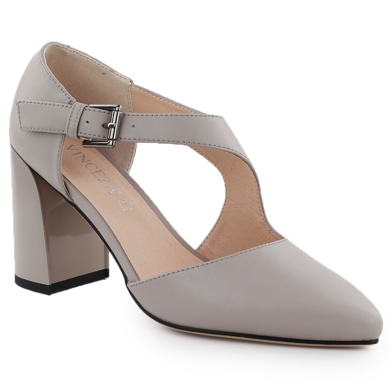 Lederpumpen auf den Säulenschuhen mit einem grauen Gürtel Vinceza 91133