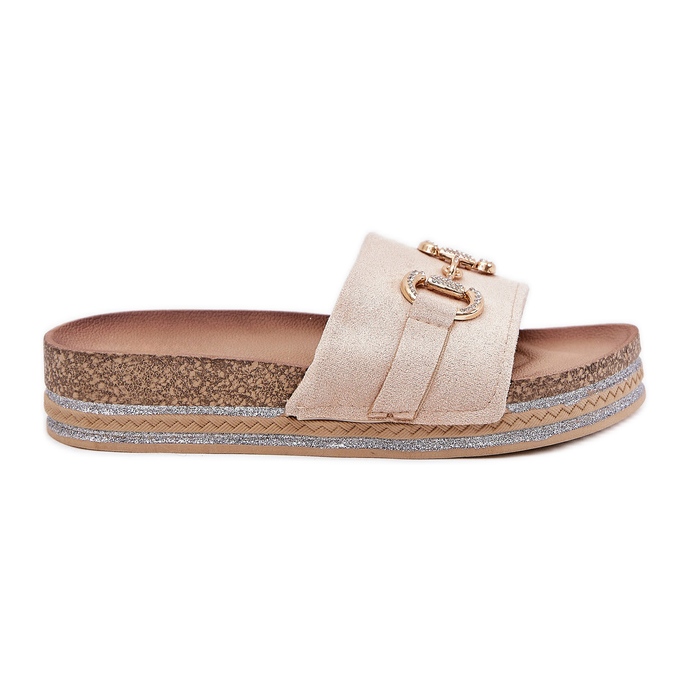 Damenflip Flops auf der Plattform mit goldenem Ornament und beige Glitzer