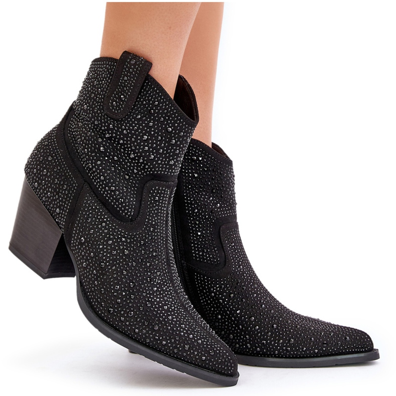 Dekorierte Frauenstiefel mit High Heels mit Werkzeugen im Spitz S.Barski Hy42-121 Schwarz