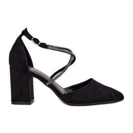 Pumpen mit spitzen Zehen und dekorierten Streifen auf der Säule schwarz