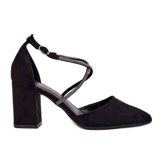 Pumpen mit spitzen Zehen und dekorierten Streifen auf der Säule schwarz