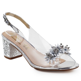 Transparente Frauensandalen auf einem Pfosten mit Zirkonen Silber S.Barski MR51-725 silber-