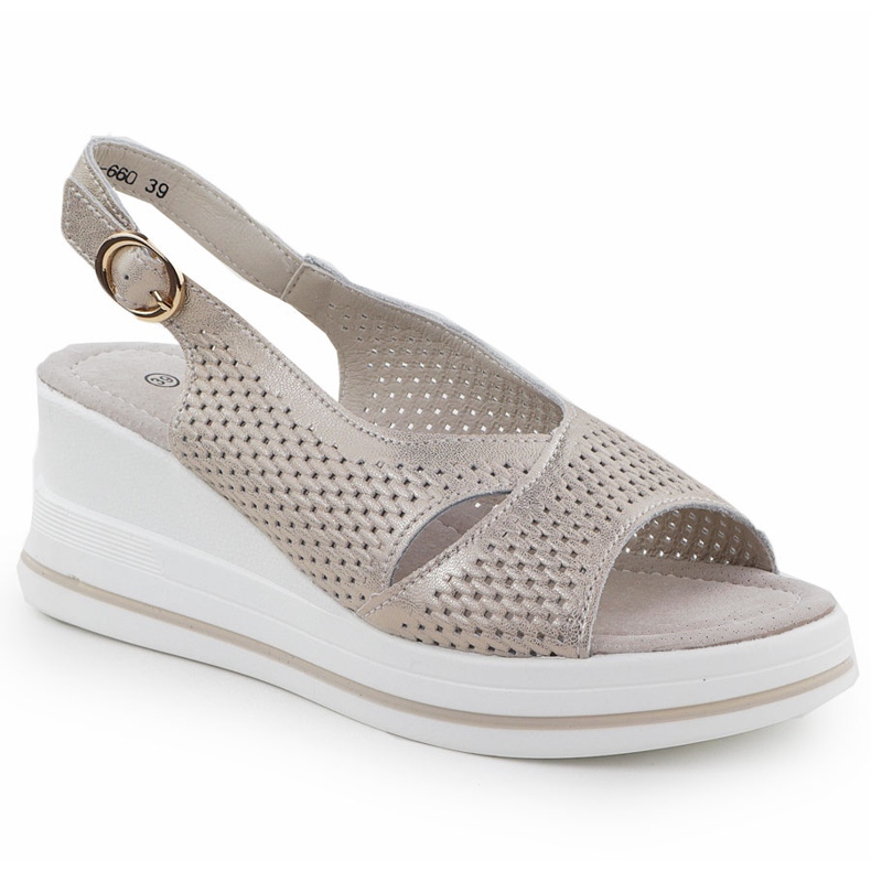 S.Barski Openwork Frauen-Ledersandalen auf den Złote S. Barski LR51-660 Wedges golden
