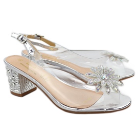Transparente Frauensandalen auf einem Pfosten mit Zirkonen Silber S.Barski MR51-002 silber-