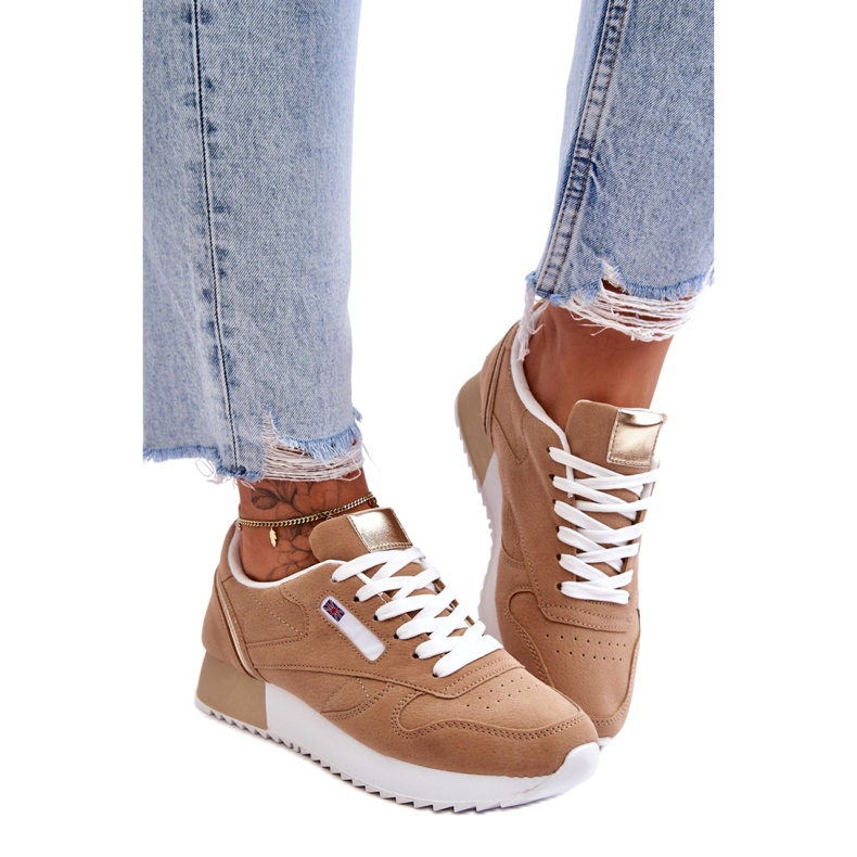 Öko-Leder-Sportschuhe Schnürung auf der Plattform Beige