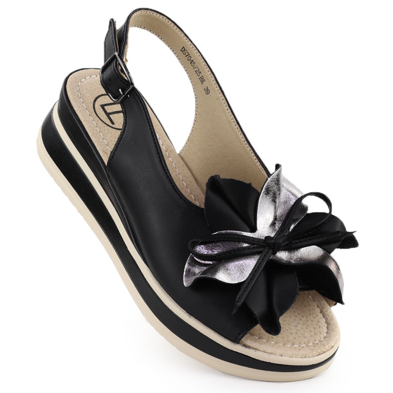 Frauen Ledersandalen auf Keil mit Blumenschwarz Filippo 7045
