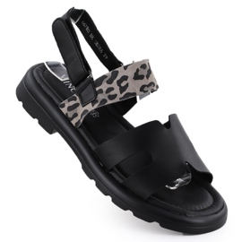 Frauen Ledersandalen mit Leopardendruck Vinceza 66780 schwarz