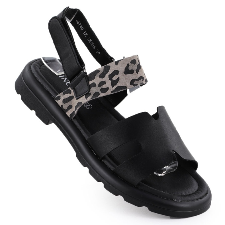Frauen Ledersandalen mit Leopardendruck Vinceza 66780 schwarz