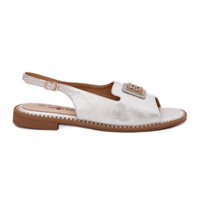 S.Barski Elegante Frauensandalen mit flachen Hubs mit einer Verzierung von S. Barski Kv51-082 Silber silber-