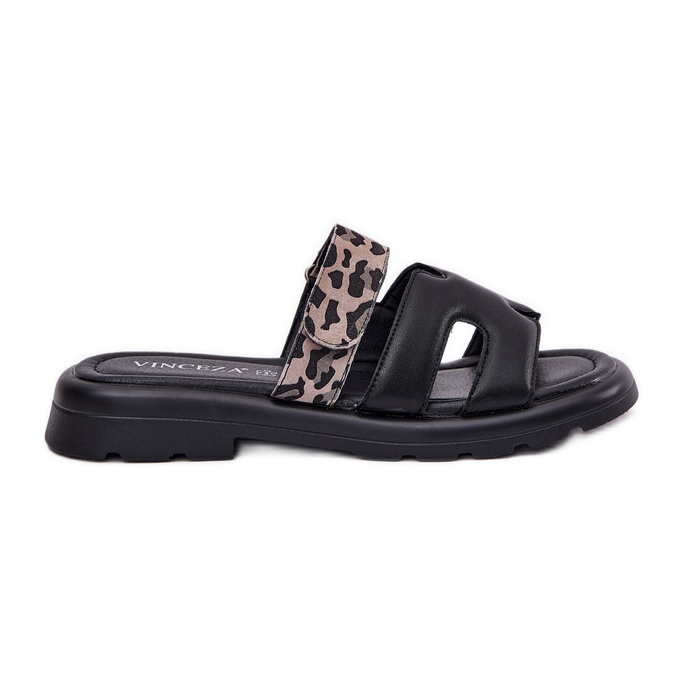 Frauen Leder Flip Flops Vinceza 66769 Schwarzer Leopard