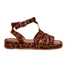 Frauensandalen auf der Plattform mit einem goldenen Detail Leopard braun