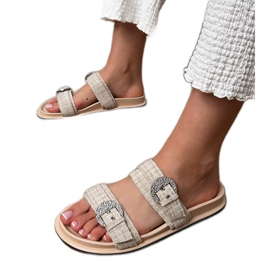 Beige Flip Flops mit Streifen und Zirkonen auf den Klemmen