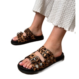 Panther -Frauen -Hausschuhe mit dekorativen Schnallen beige