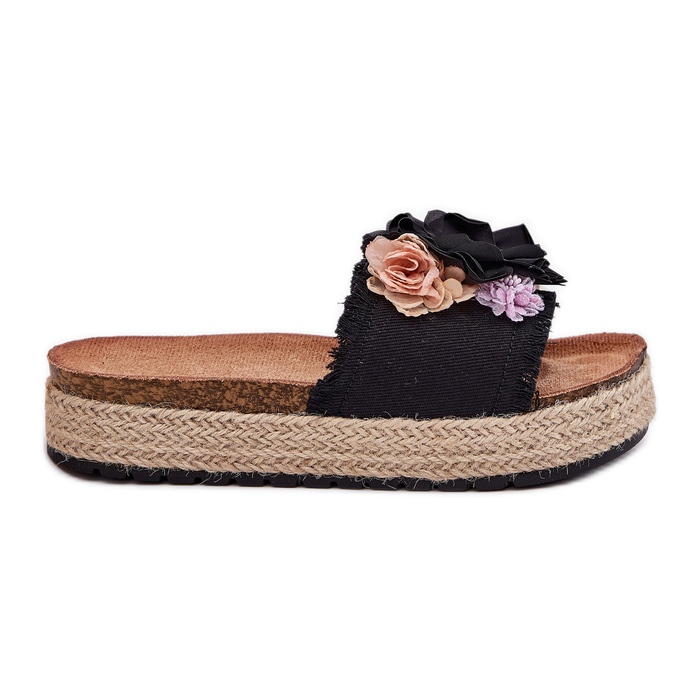 Damenflip flops mit Blumenplattform mit schwarzem Geflecht